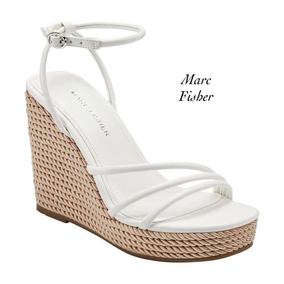 Marc Fisher Zeki White Buckle Strap Rope Platform Wedge Sandals NIB Size 10 - Picture 1 of 8